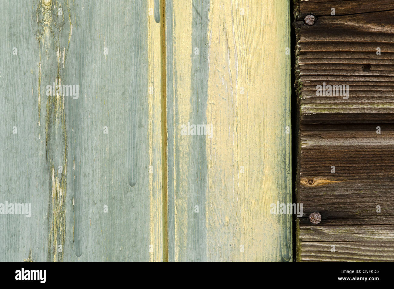 faded and weathered paint on woodwork part of a door next to old unpainted shiplap construction Stock Photo