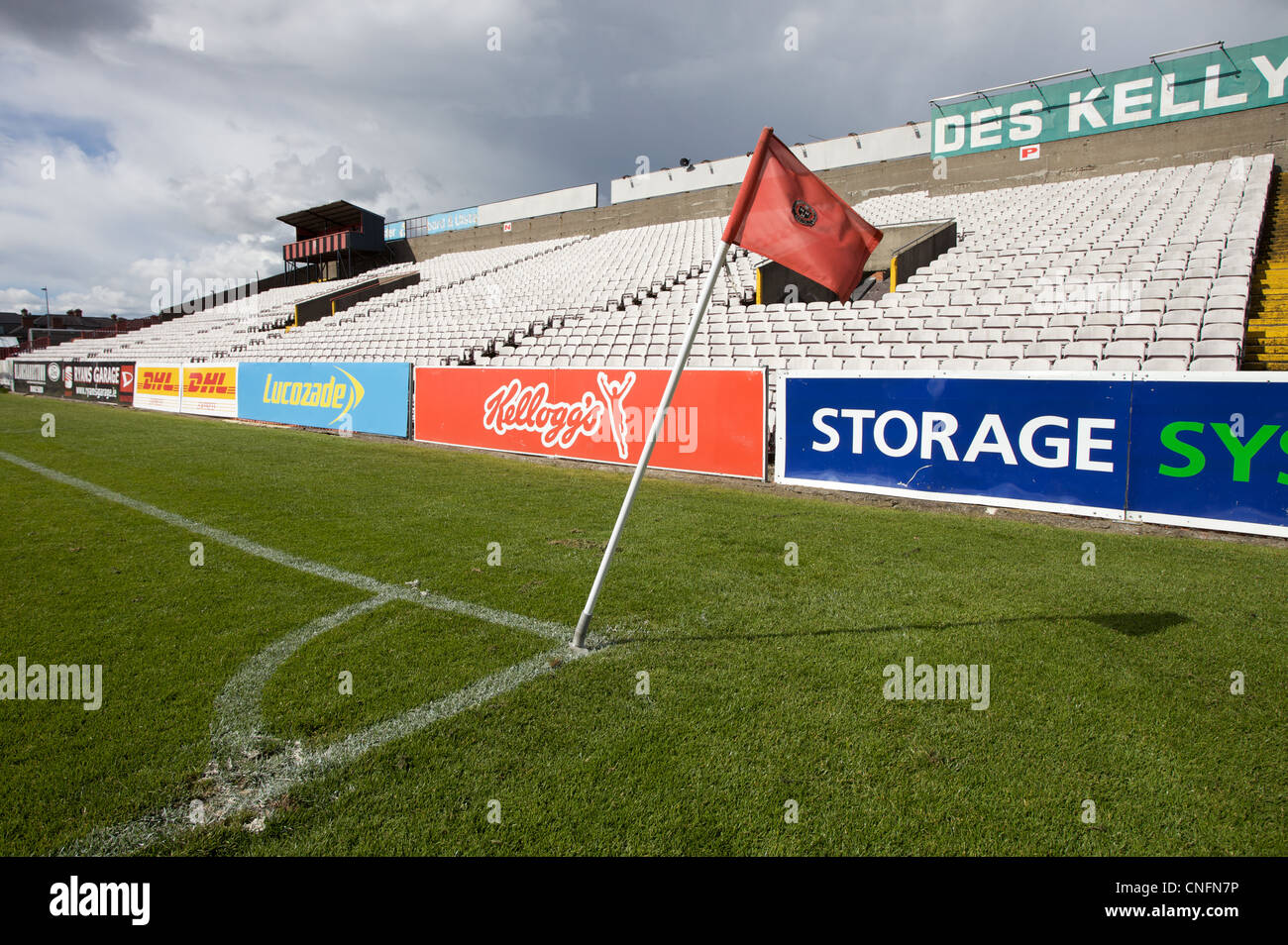 The corner flag at Dalymount Park football stadium in Dublin, Ireland. Stock Photo