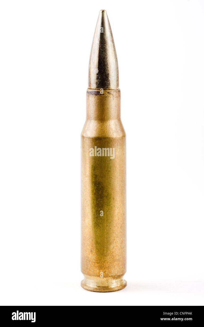 Single rifle bullet over white Stock Photo