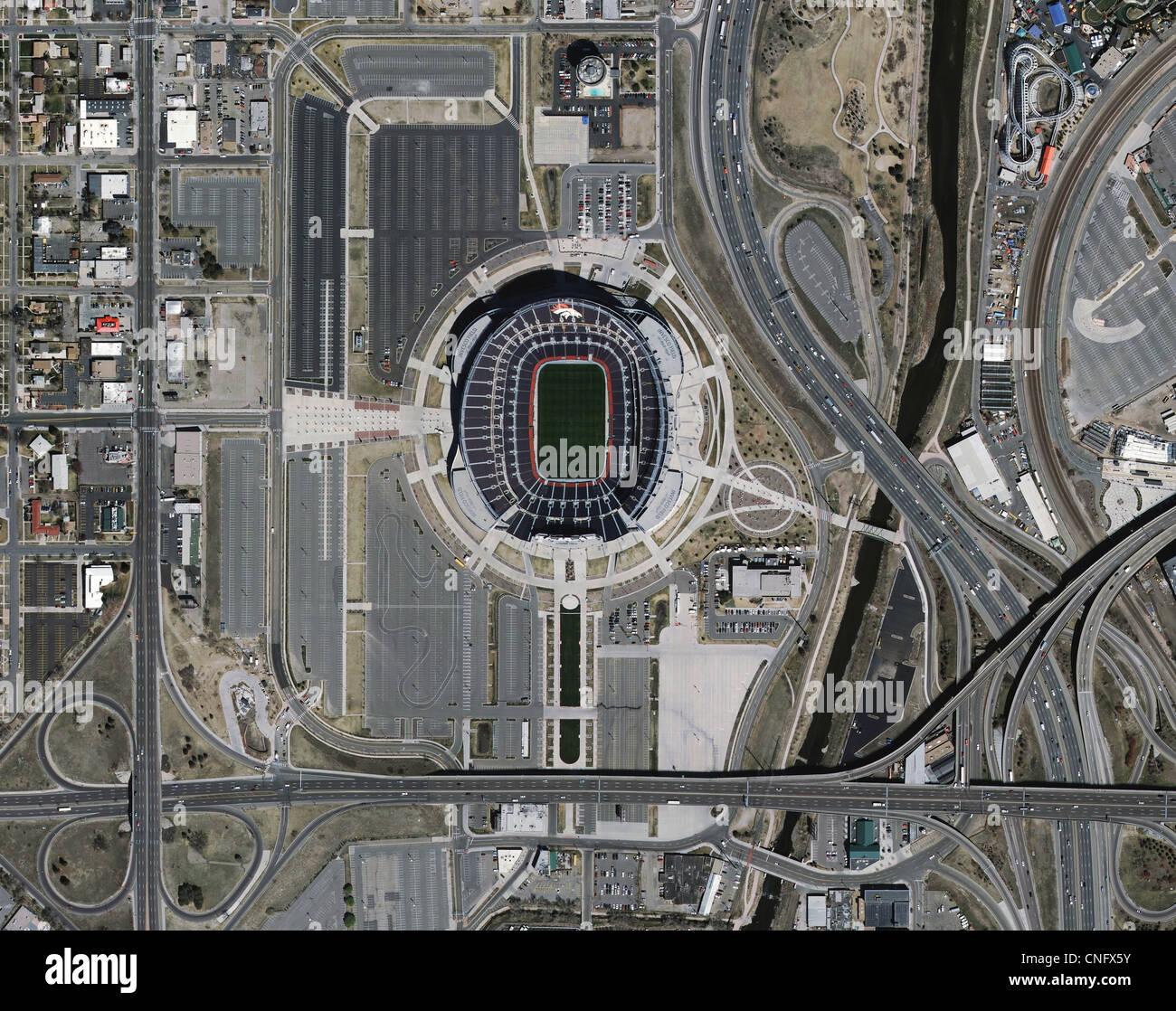 aerial photo map of freeway access to Denver Sports Authority Mile High stadium Colorado Stock Photo