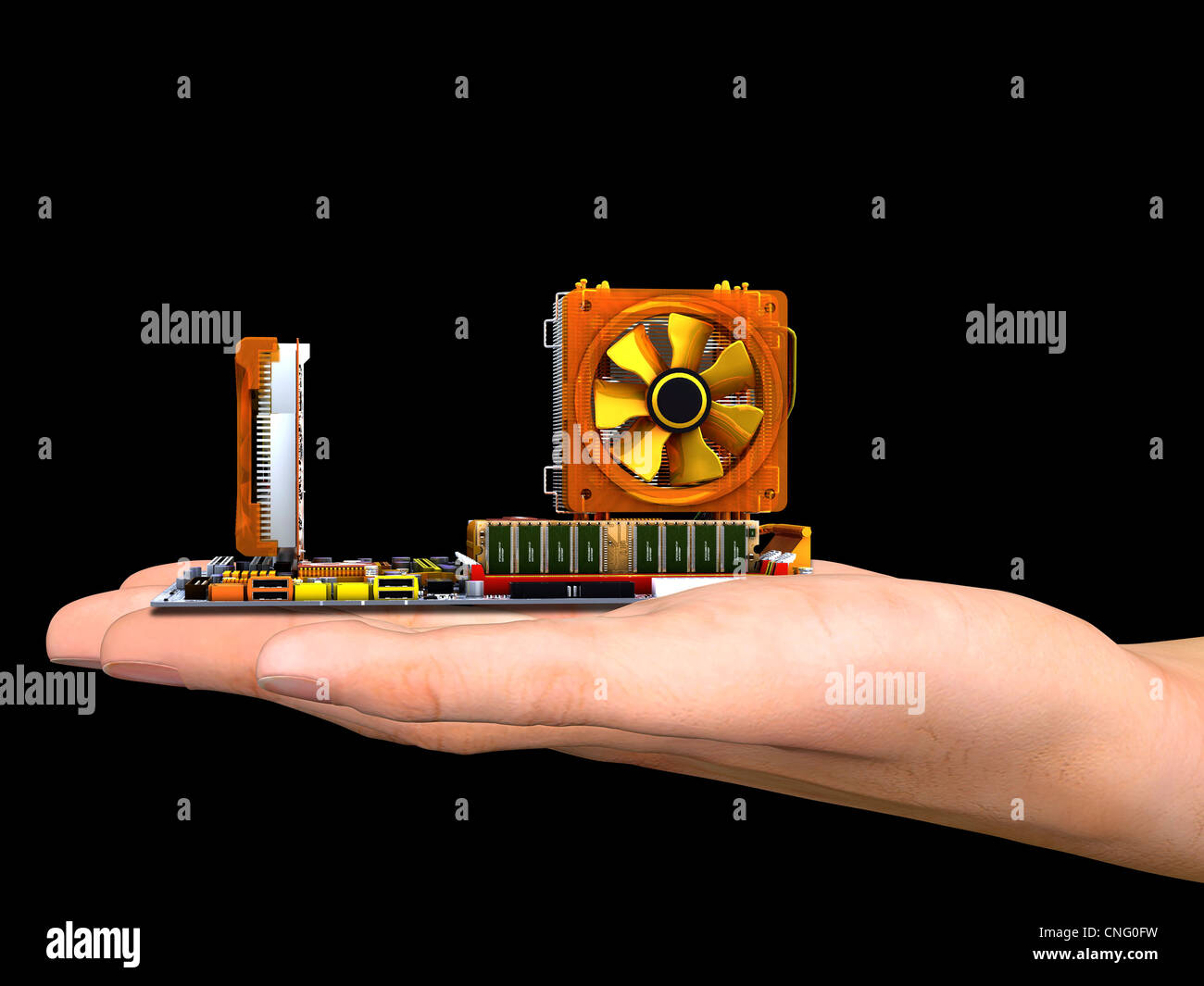 Hand with computer motherboard  artwork Stock Photo