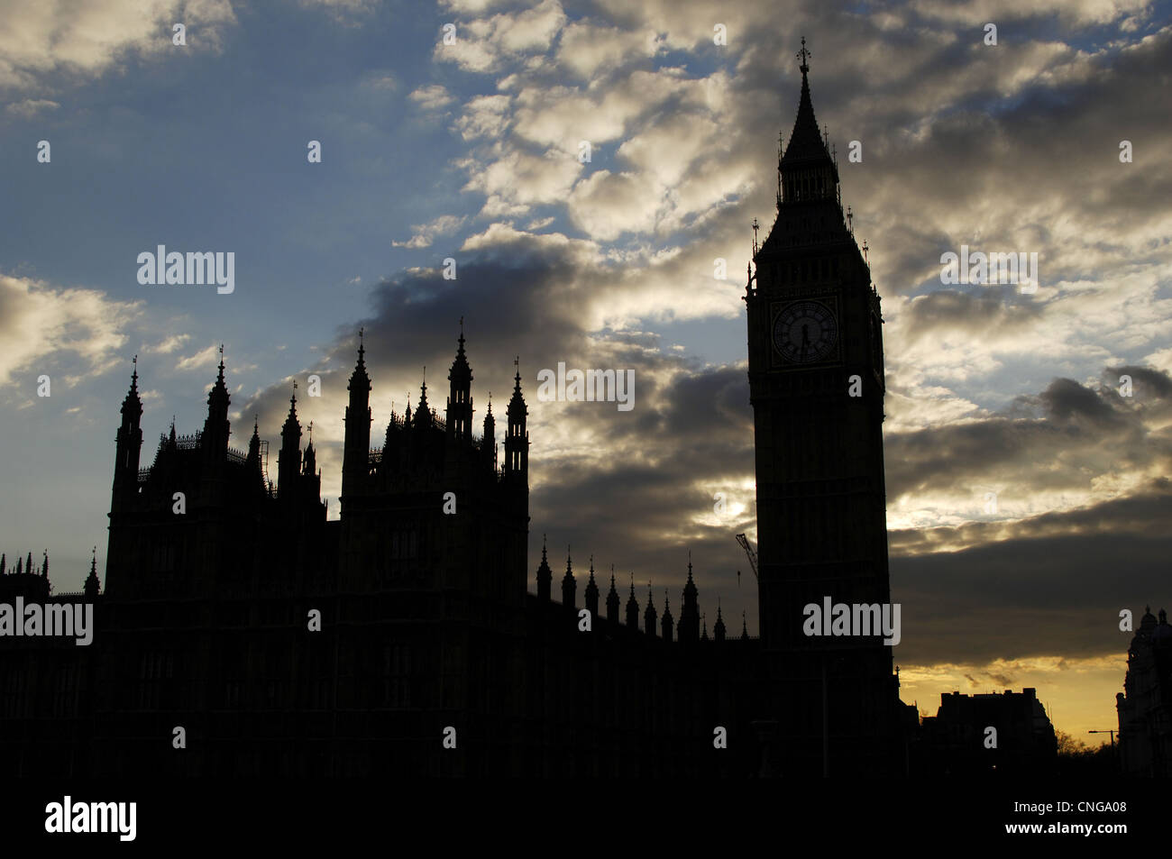 United Kingdom. England. London. The Big Ben, clock tower at the Westminster Palace, against the light. 19th century. Stock Photo