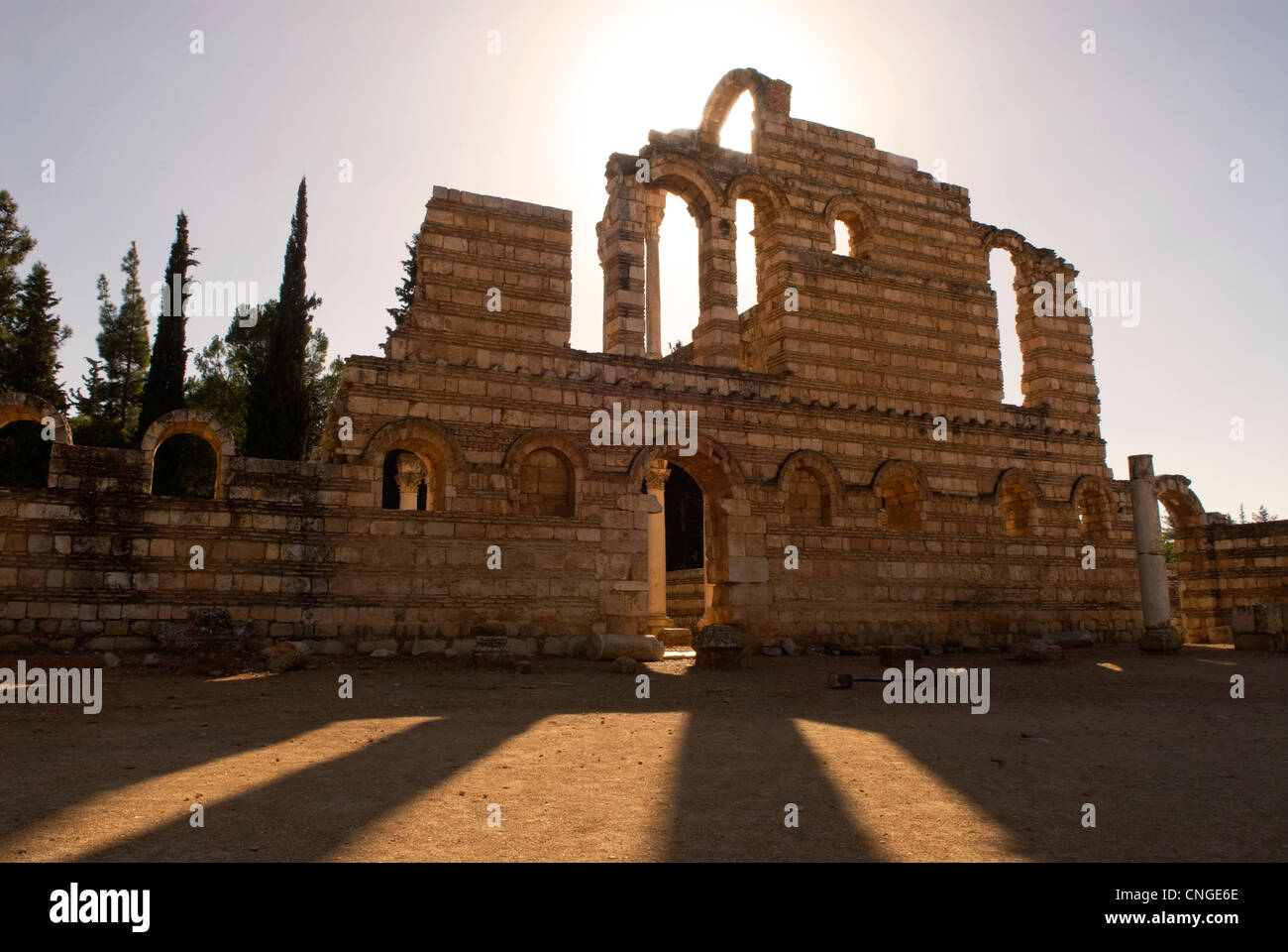 Shadows cast by the late afternoon sun through the Great Palace, Aanjar, Bekaa Valley, Lebanon. Umayyad era archaeological site. Stock Photo