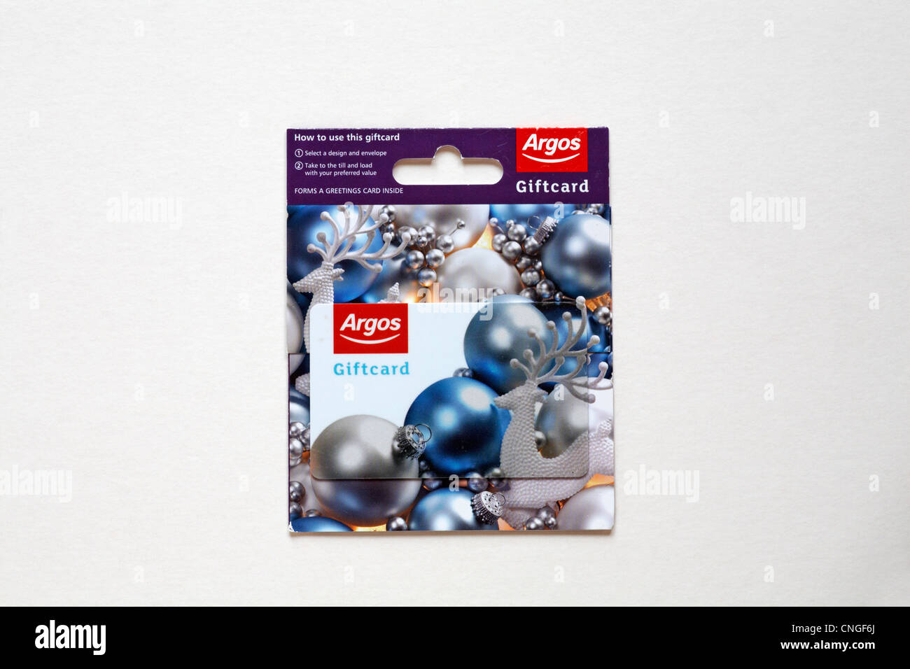 Argos giftcard with baubles on gift card isolated on white background