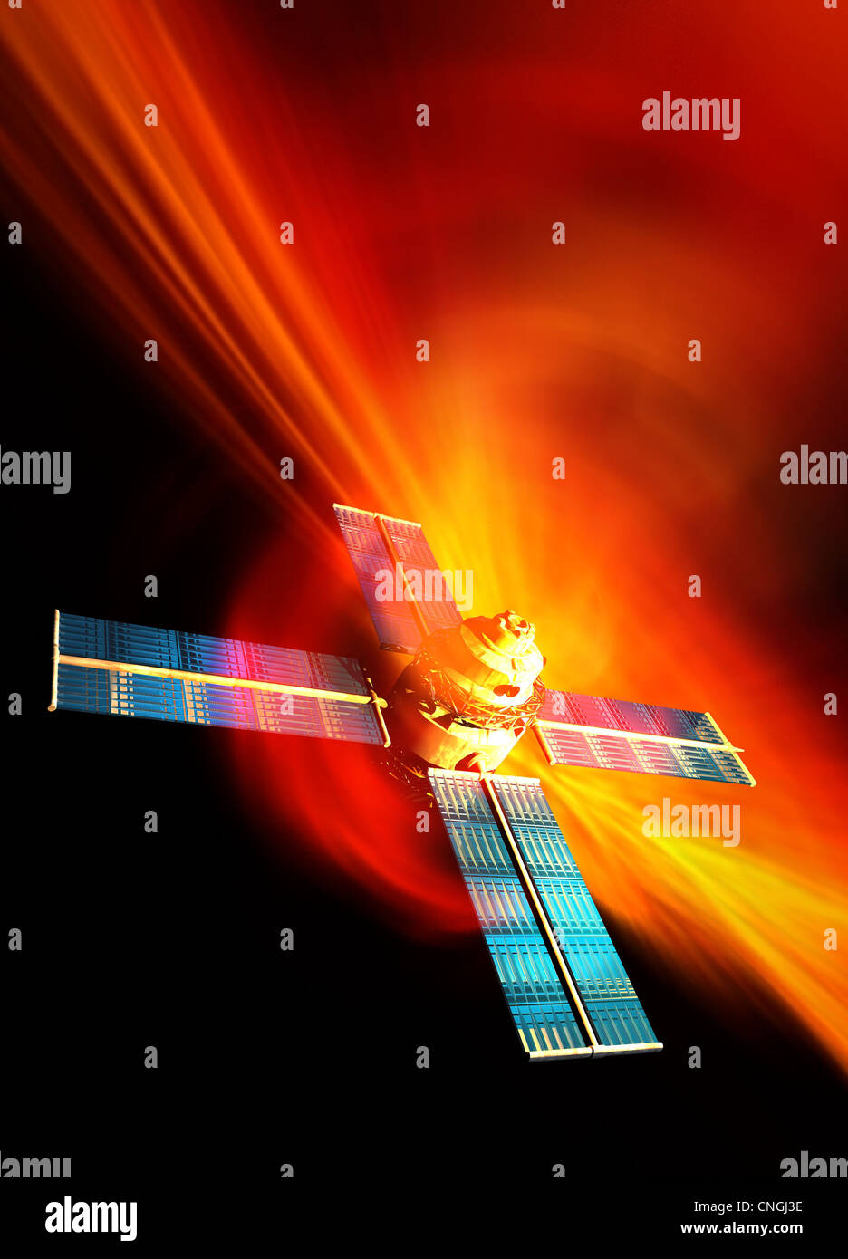 Solar flare hitting satellite artwork Stock Photo - Alamy