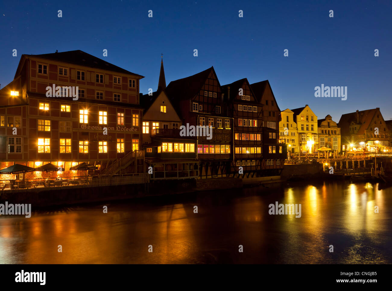 Lunenburg, old harbour and medieval houses of Stint Market at night Stock Photo