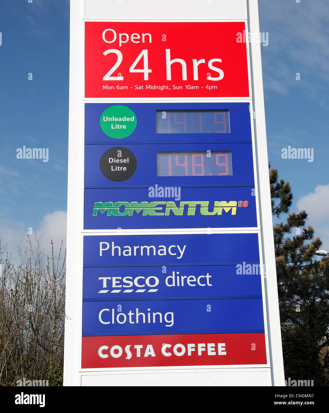 Fuel station price board Milton Cambridgeshire Stock Photo