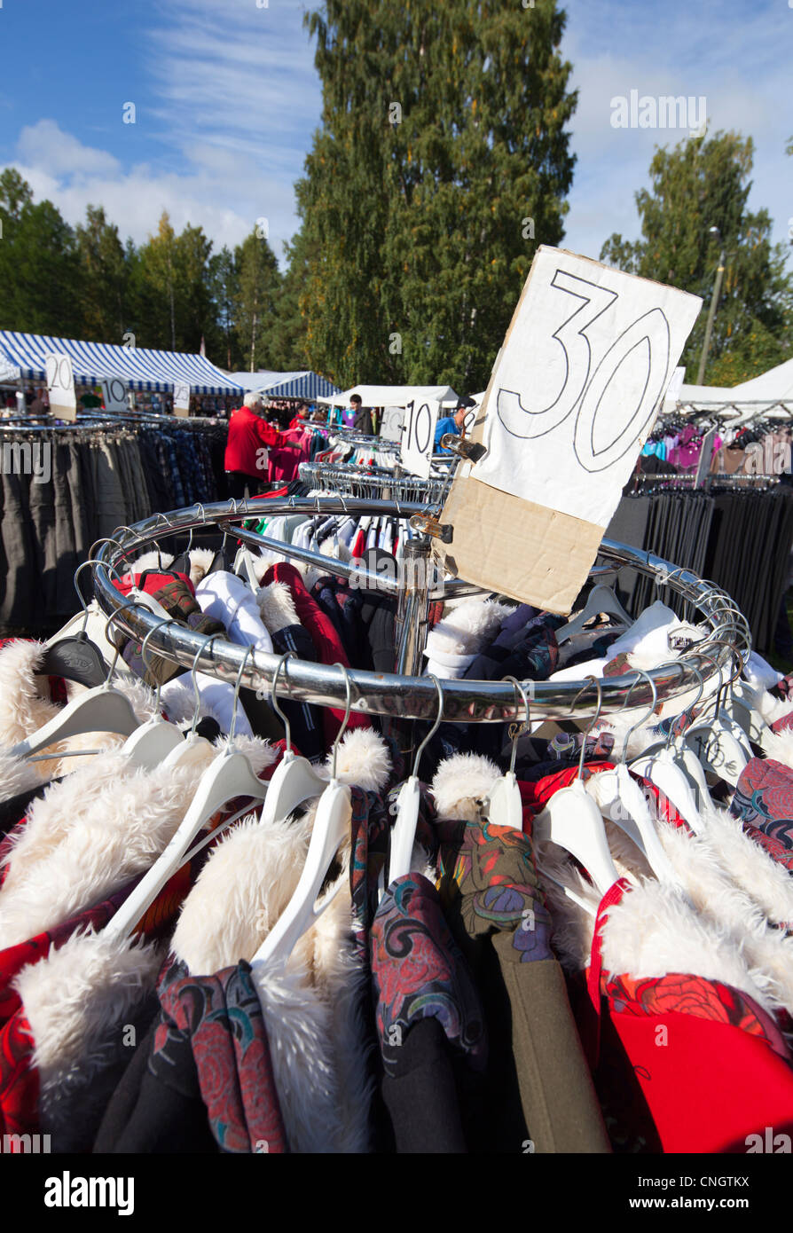 Clothes on sale at  Pestuumarkkinat street sales happening at Rautalampi Finland Stock Photo