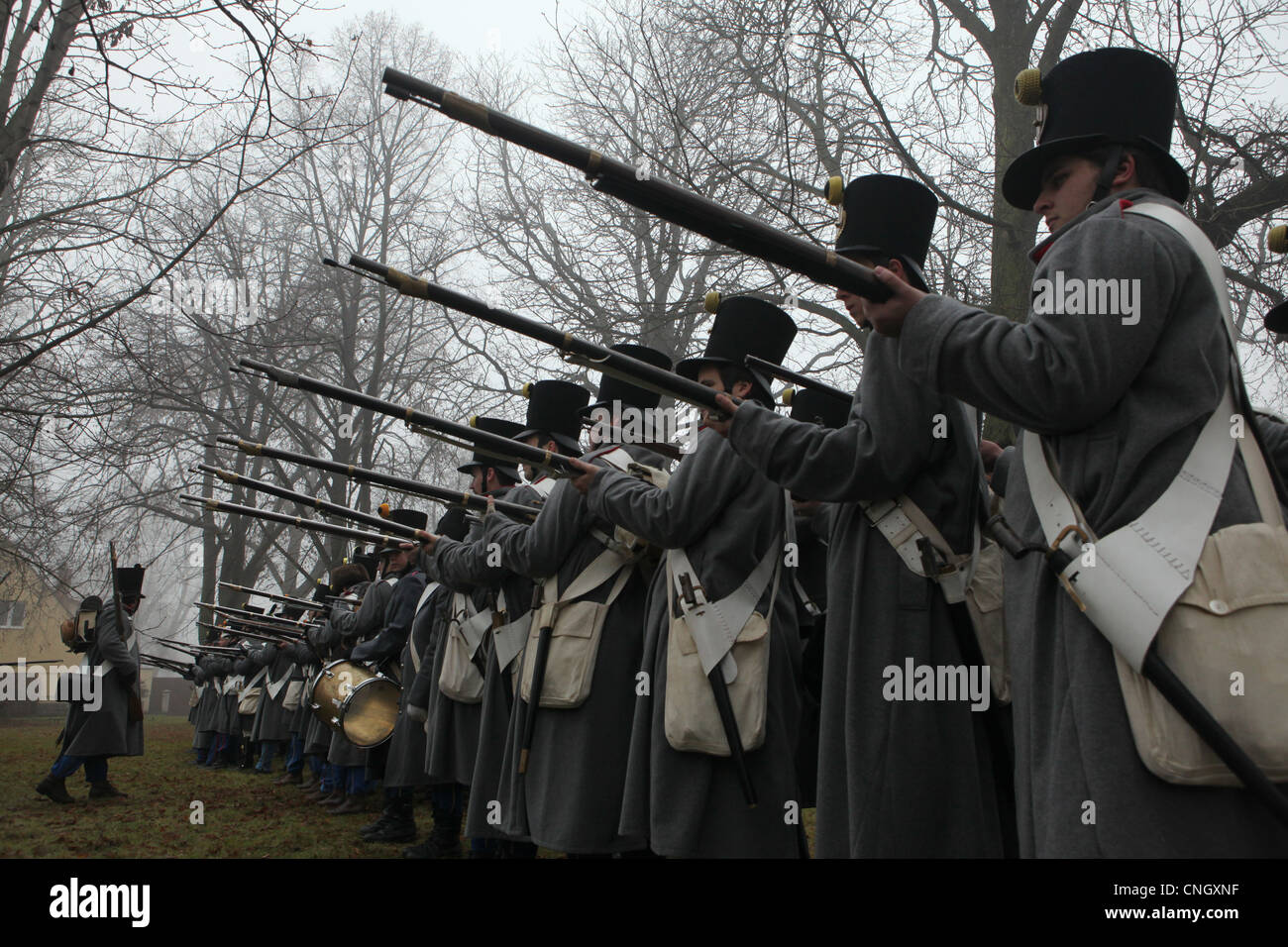 Training of Austrian soldiers in Tvarozna, Czech Republic. Re-enactment of the Battle of Austerlitz (1805). Stock Photo