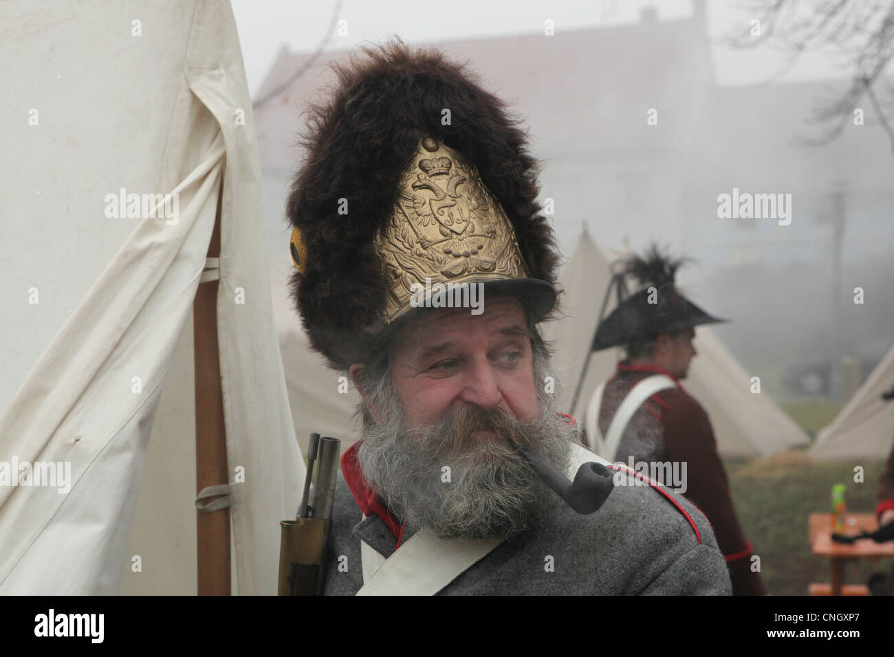 Austrian soldier in the military camp in Tvarozna, Czech Republic. Re-enactment of the Battle of Austerlitz (1805). Stock Photo