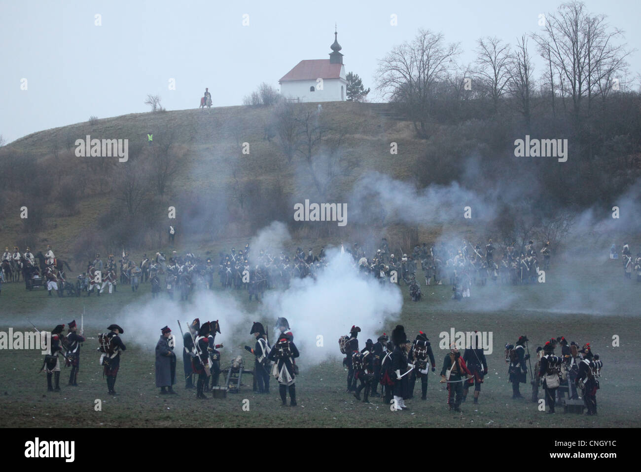 Re-enactment of the Battle of Austerlitz (1805) at Santon Hill near the village of Tvarozna, Czech Republic. Stock Photo