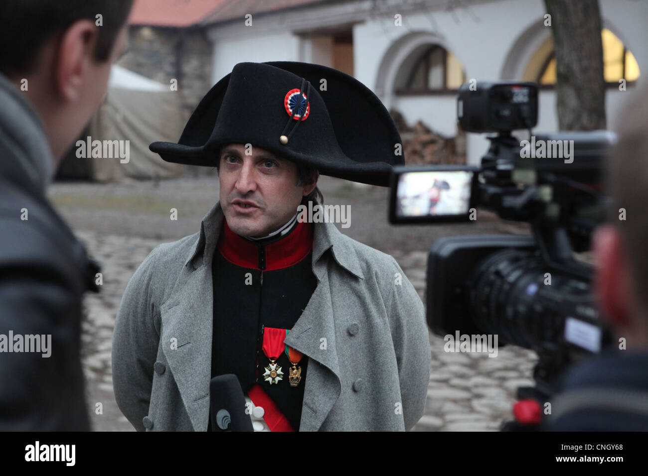 US actor Mark Schneider as Napoleon Bonaparte gives a TV interview. Re-enactment of the Battle of Austerlitz (1805). Stock Photo