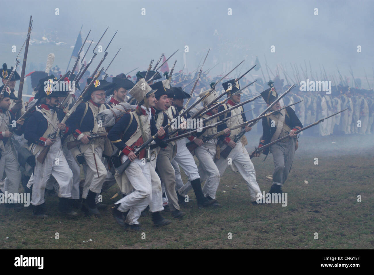 French troops. Re-enactment of the Battle of Austerlitz (1805) at Santon Hill near the village of Tvarozna, Czech Republic. Stock Photo