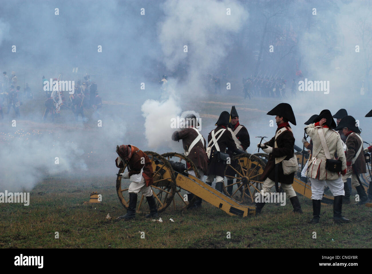 Austrian artillery. Re-enactment of the Battle of Austerlitz (1805) at Santon Hill near the village of Tvarozna, Czech Republic. Stock Photo