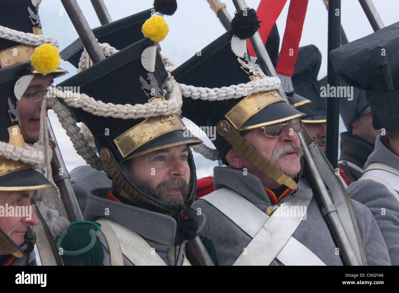 Austrian troops. Re-enactment of the Battle of Austerlitz (1805) at Santon Hill near the village of Tvarozna, Czech Republic. Stock Photo