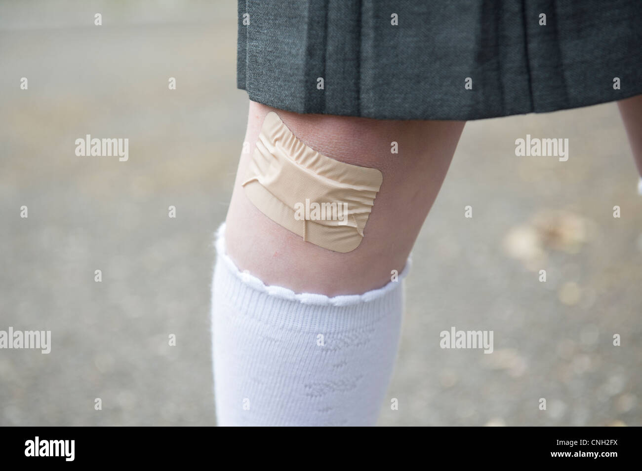 Schoolgirl's knee with a sticking plaster over a cut. Stock Photo