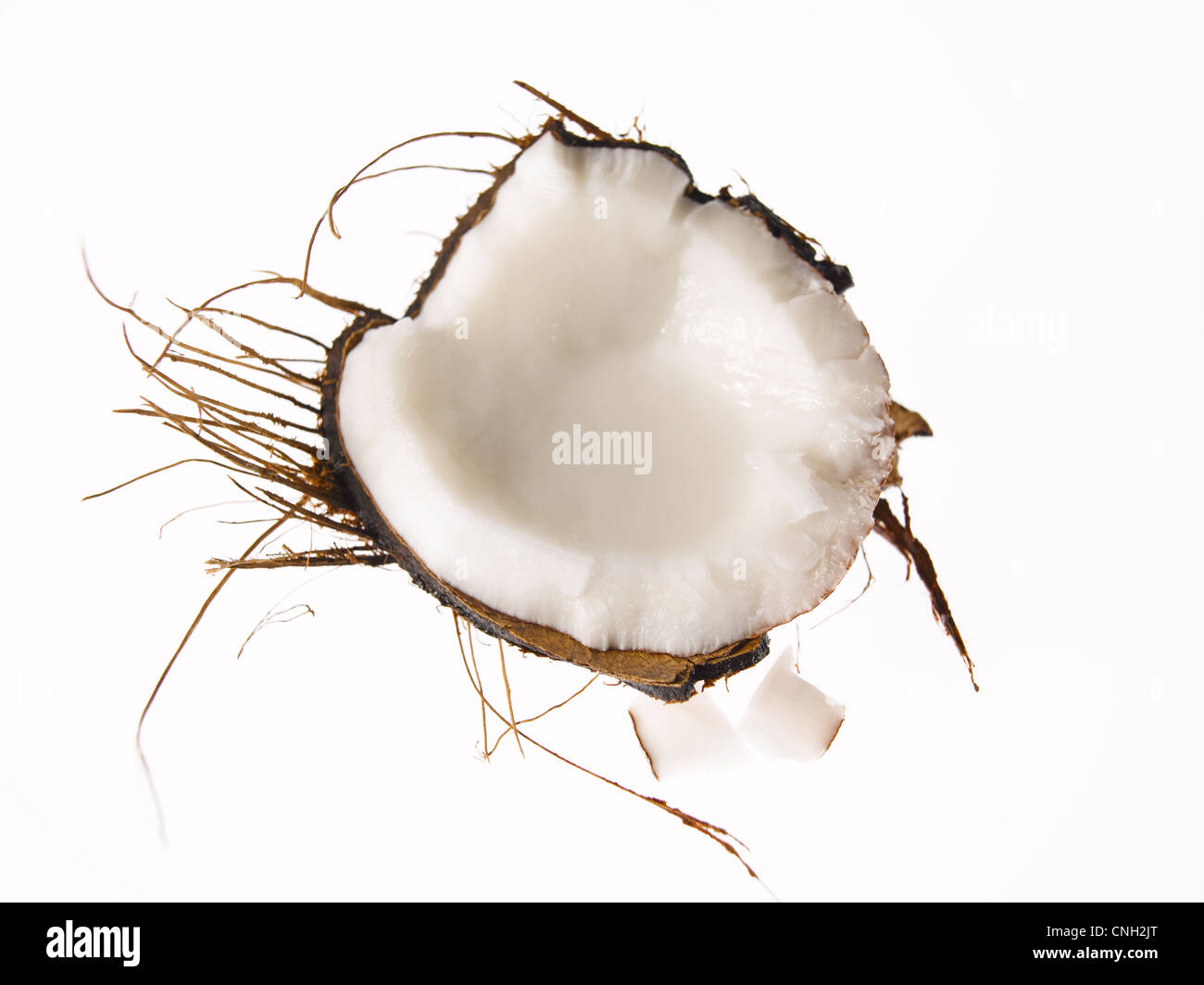 fresh coconut half with shell and husk and 2 pieces Stock Photo