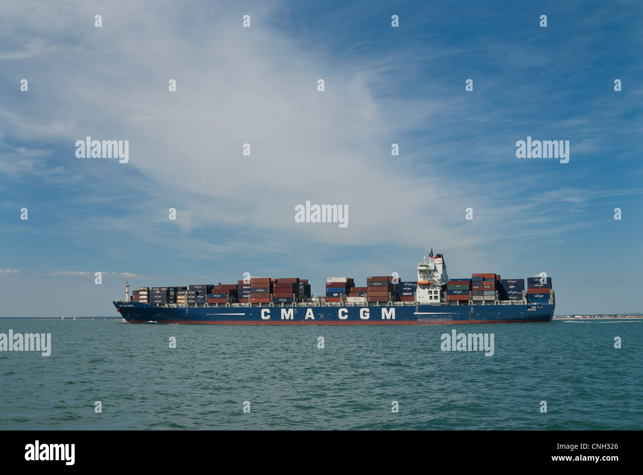 CMA CGM container ship on the sea just outside Portsmouth with containers on board. Stock Photo