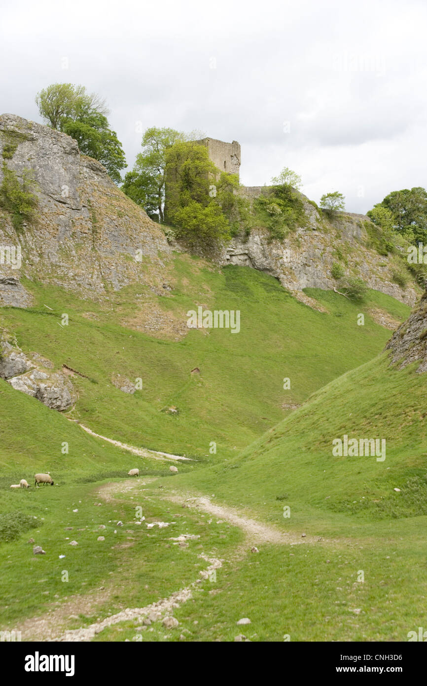 Peveril Castle from Cavedale above Castleton in the Peak District,Derbyshire Stock Photo