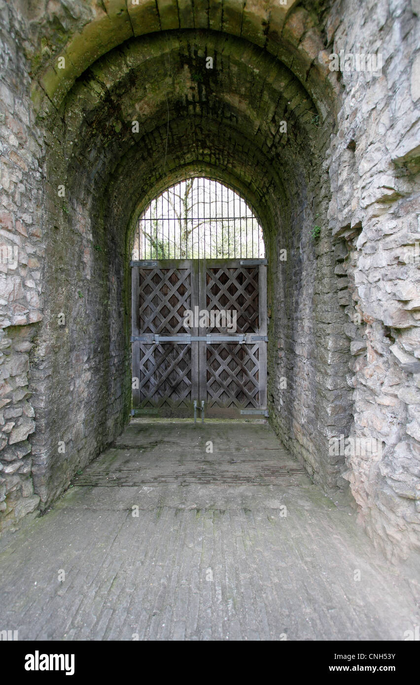 Chepstow Castle - entrance to the Barbican - Chepstow is a Norman castle situated high above the banks of the river Wye in southeast Wales. Construction began in 1067, less than a year after William the Conqueror was crowned King of England. Built by Norman lord William FitzOsbern. Stock Photo