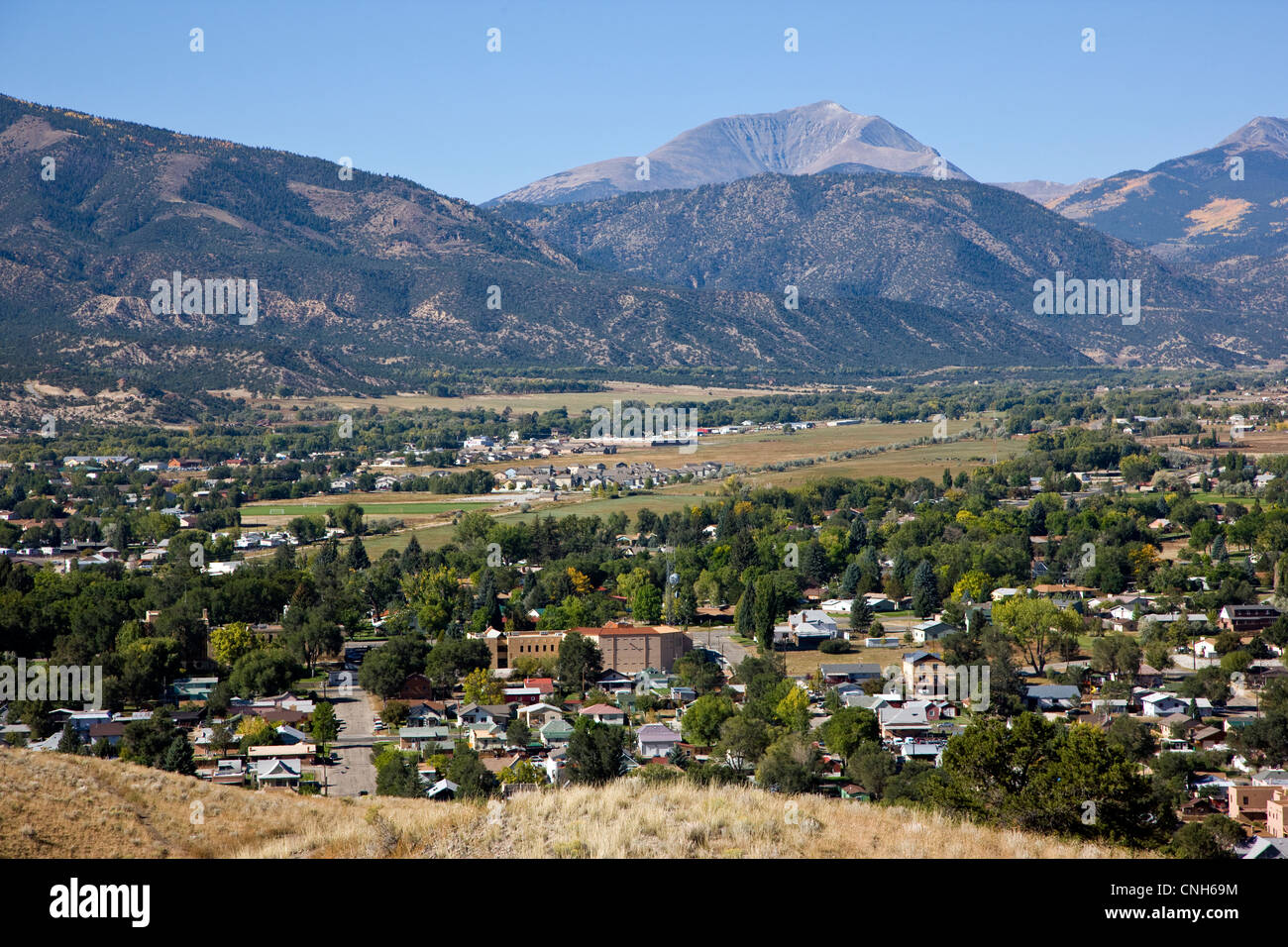 View of the small mountain town of Salida, Colorado, taken from atop Tenderfoot Mountain (S Mountain), USA Stock Photo