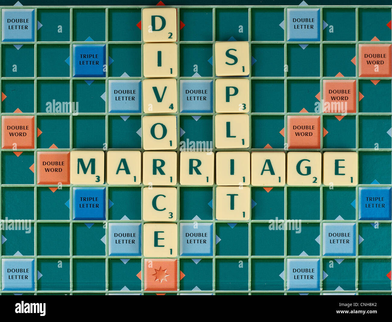 Scrabble letters on a game board spelling the words Marriage, Divorce and Split Stock Photo