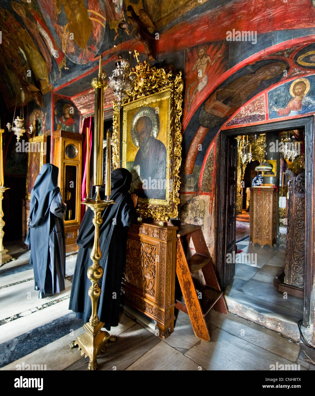 Europe Greece, Dodecanese,Patmos,nuns in the Agios Joannis Theologos Monastry Stock Photo