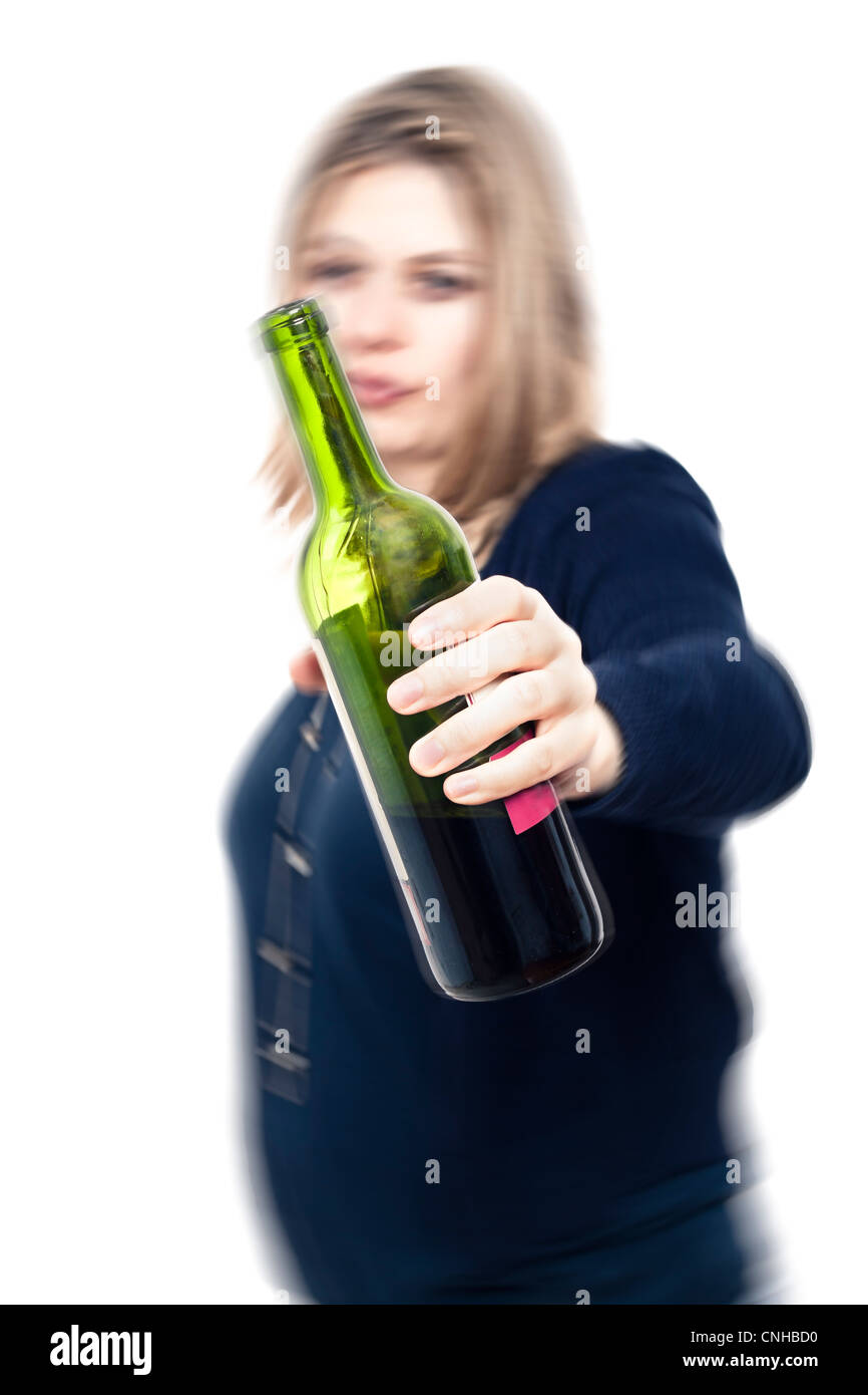 Drunk woman with bottle of wine, with motion blur effect and isolated