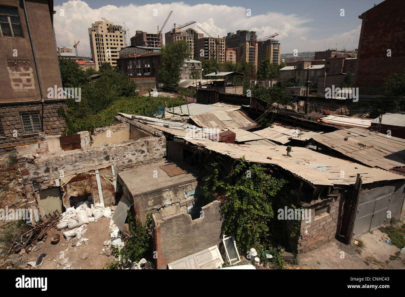 Old houses and new buildings in Yerevan, Armenia. Stock Photo