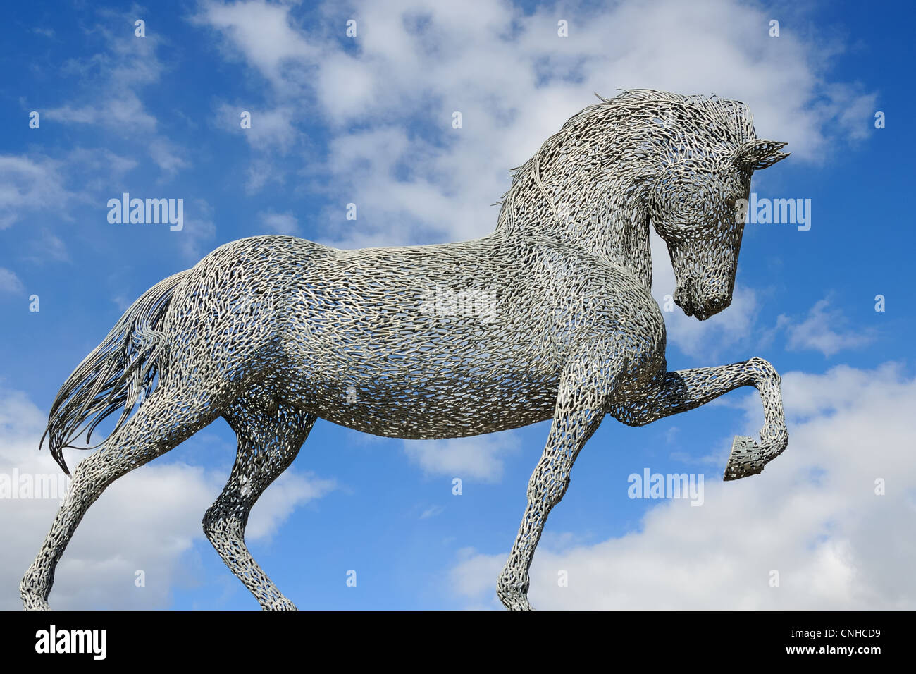 Ginger the horse in Greenock is the work of Andy Scott and is captured here against a blue sky Stock Photo