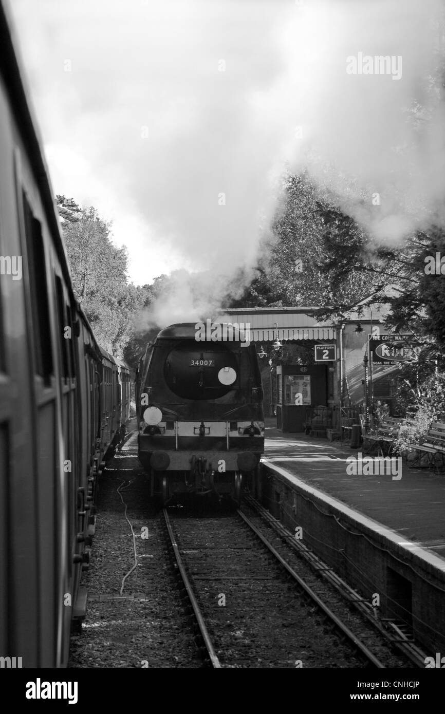 Locomotive arriving, Watercress Line. Stock Photo