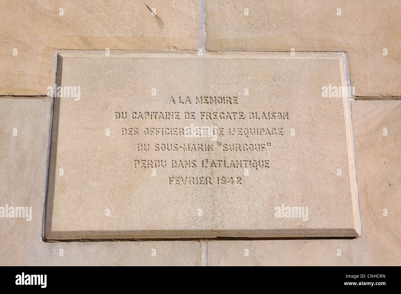 This engraved stone is part of the cross of Lorraine (my image CNHCNM) which is a monument dedicated to the Free French Navy in Greenock, Scotland, UK Stock Photo