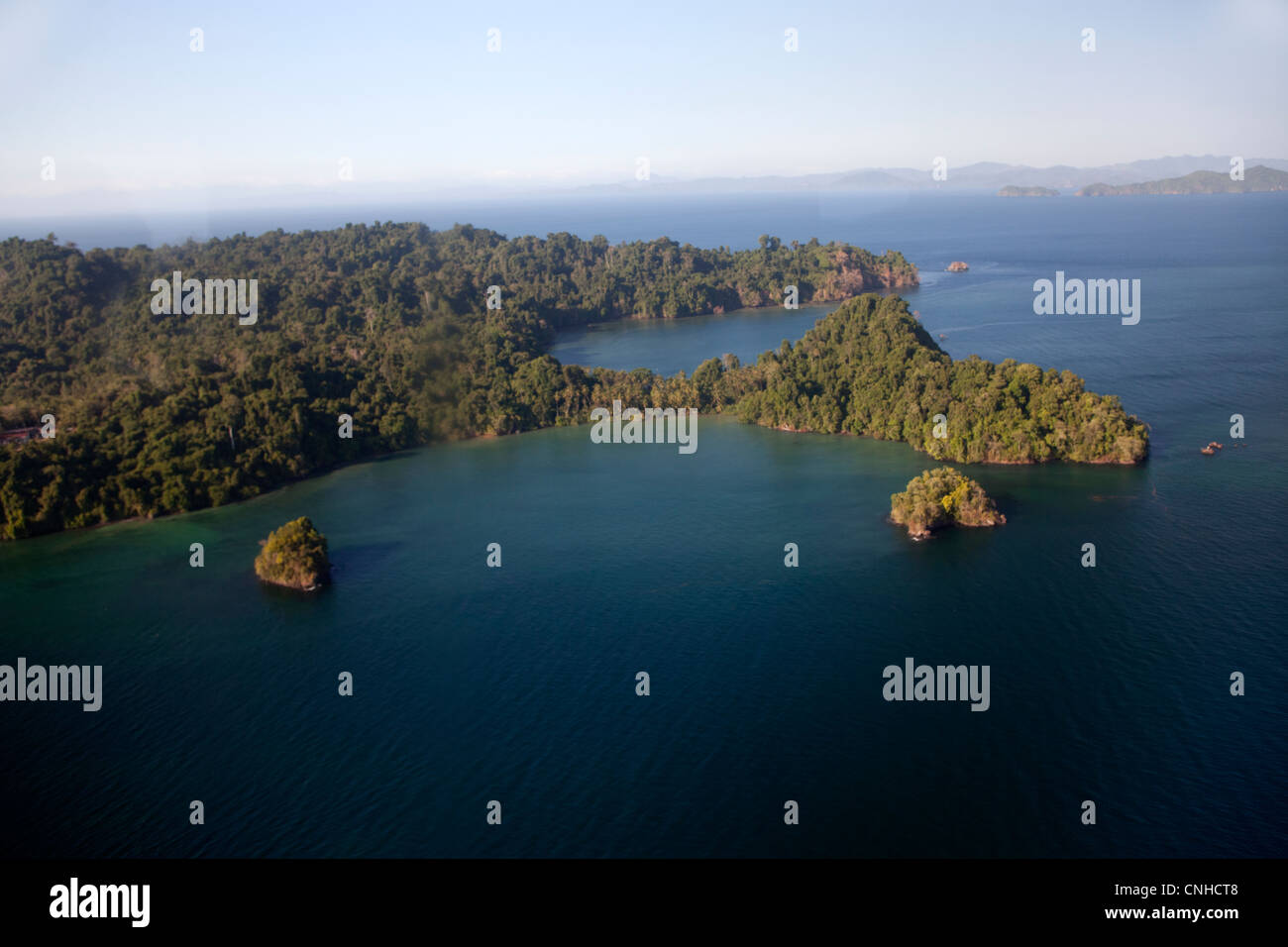 An aerial view of Coiba, the largest island in Central America off the coast of Panama. Stock Photo