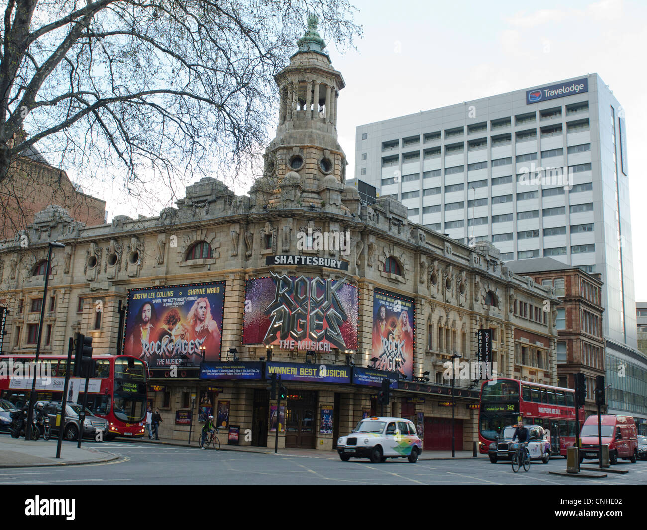 Shaftesbury Theatre billboard for Rock of ages the musical. Travelodge