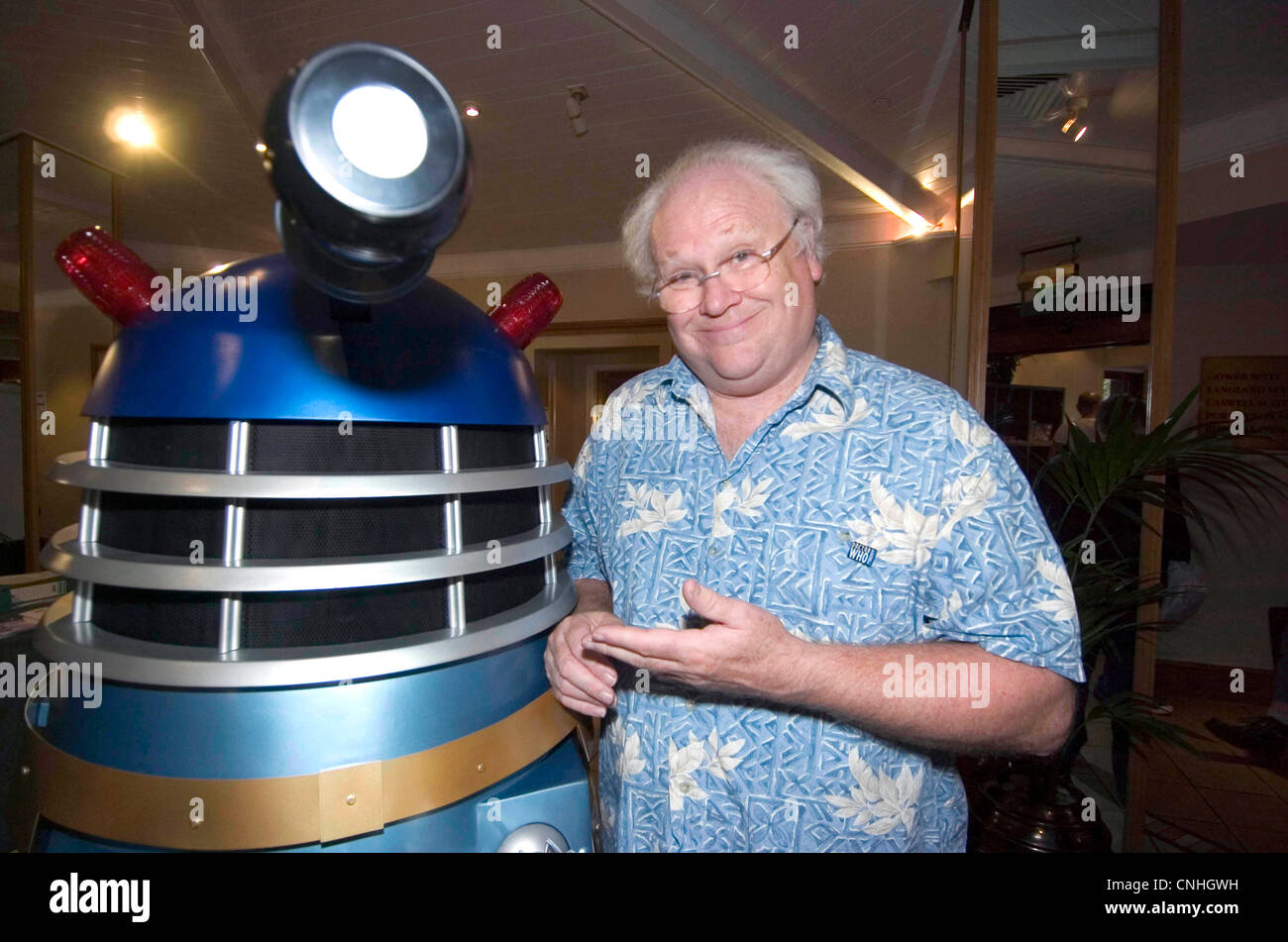 Colin Baker, the actor who played the sixth incarnation of Dr Who is reunited with his old enemy - the daleks. Stock Photo