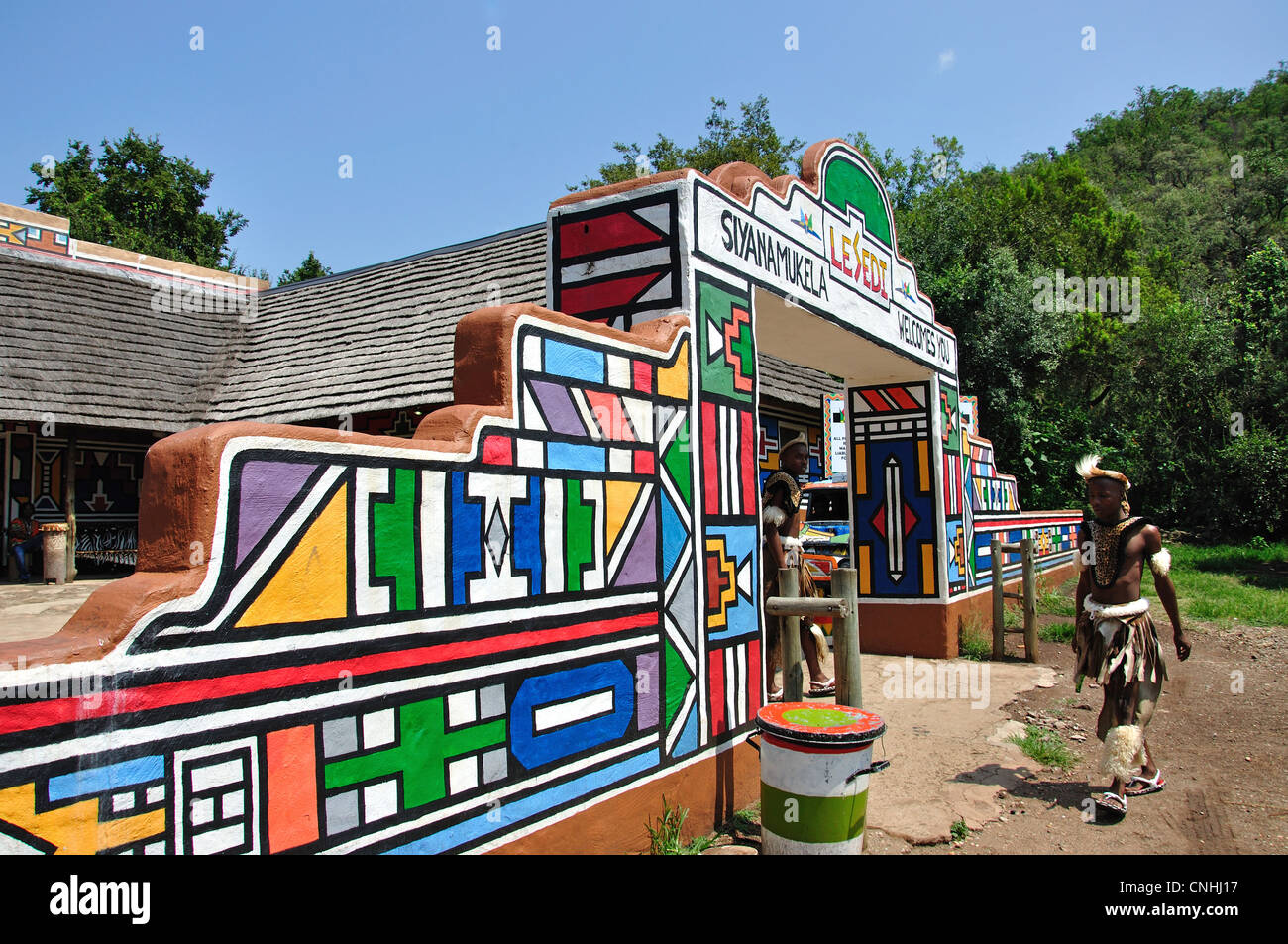 Ndebele-design entrance to Lesedi African Cultural village, Broederstroom, Johannesburg, Gauteng, Republic of South Afric Stock Photo
