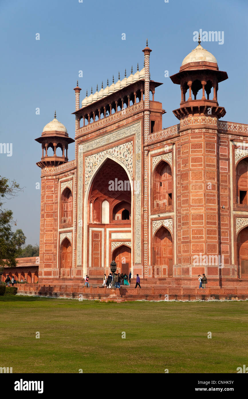 Agra, India. Taj Mahal. Gateway Entrance opening to the Taj and its Gardens.  Chhatris on corner towers. Stock Photo