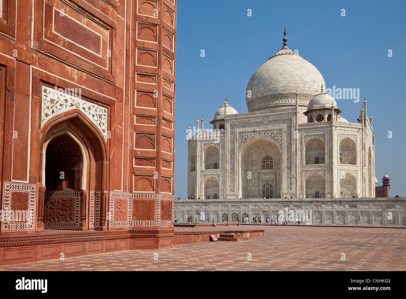 Agra, India. Taj Mahal view from the Mosque, on left. Stock Photo