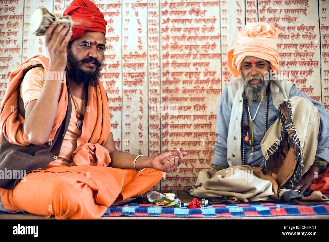 Mongol Giri and Bhima Giri worship Shiva on the way to holy Muktinath ,Nepal Stock Photo