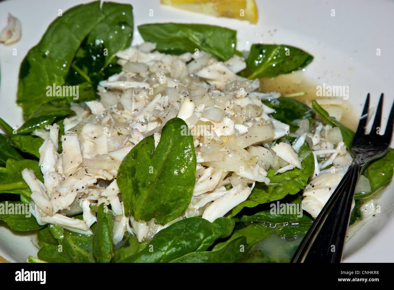 West Indies salad crabmeat diced raw onions bed baby leaf spinach pepper flakes Alabama seafood dish Stock Photo