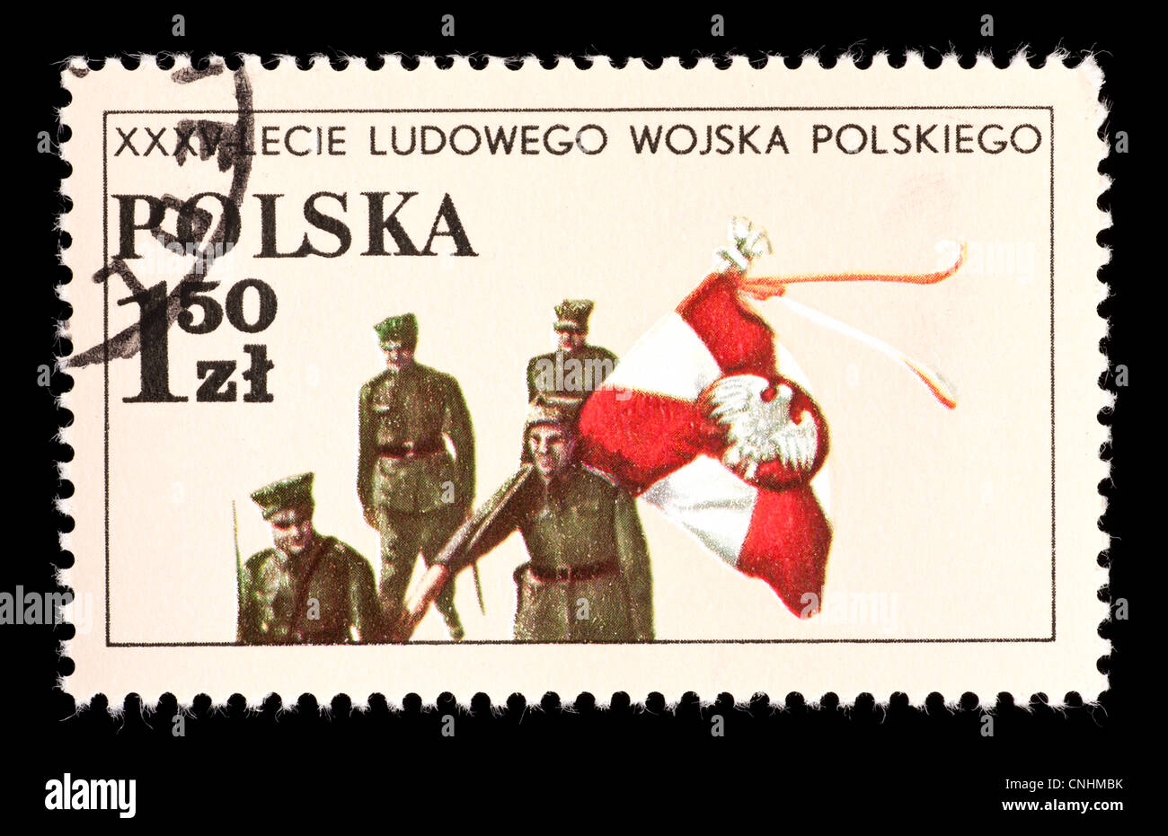 Postage stamp from Poland depicting an army color guard (Kosziusko Division), for the 35'th anniversary of the People's Army. Stock Photo