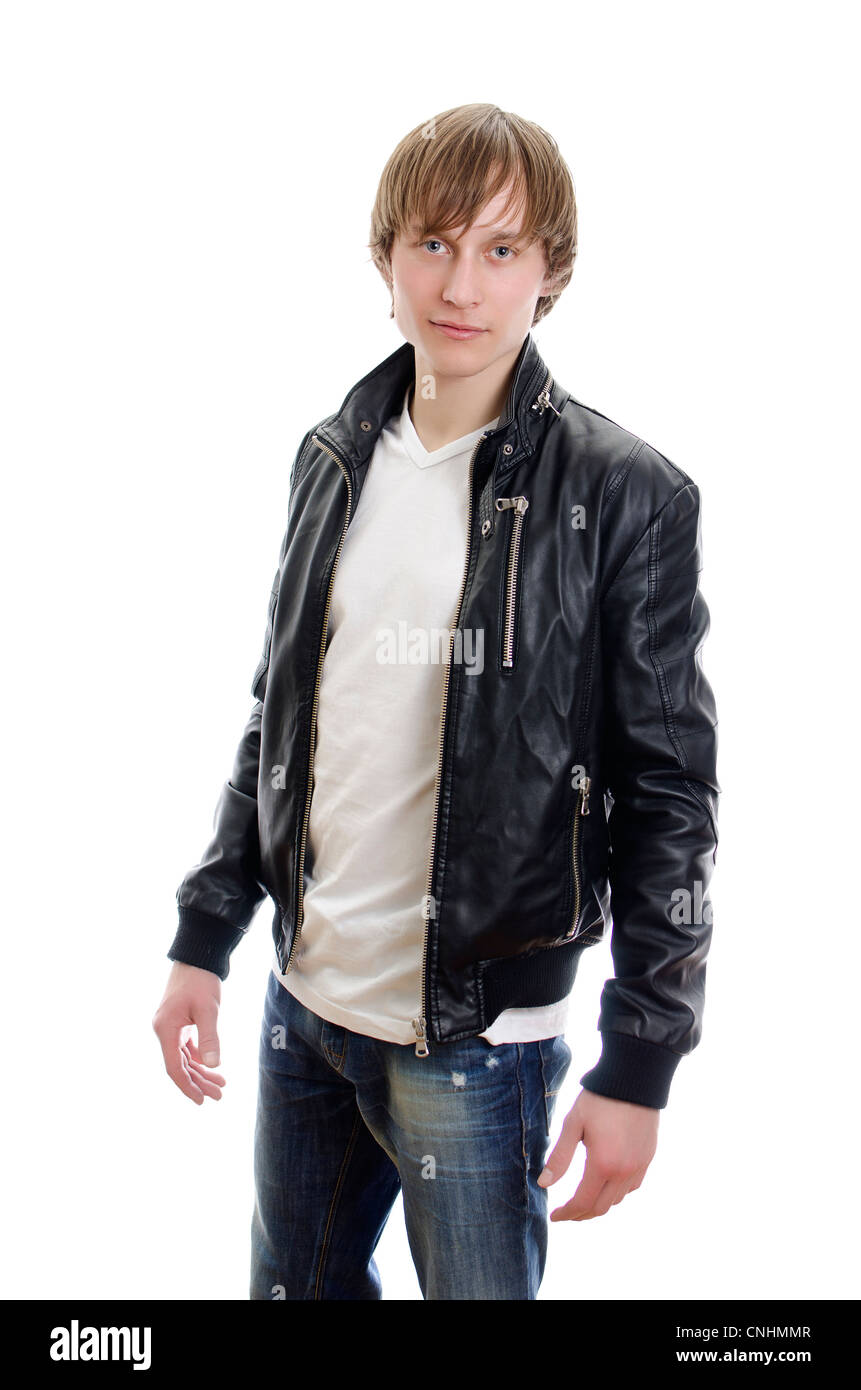 Casual young man in white t-shirt, leather jacket and jeans. Isolated on  white Stock Photo - Alamy