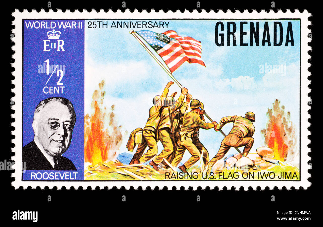 Postage stamp from Grenada depicting marines raising the American flag at Iwo Jima and president Franklin D. Roosevelt. Stock Photo