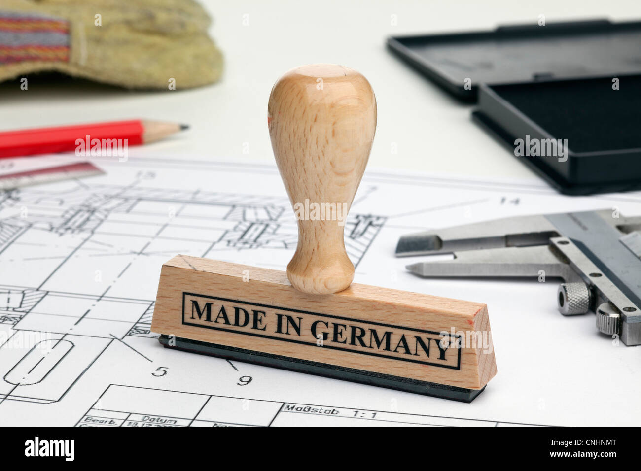 A MADE IN GERMANY rubber stamp on a blueprint Stock Photo