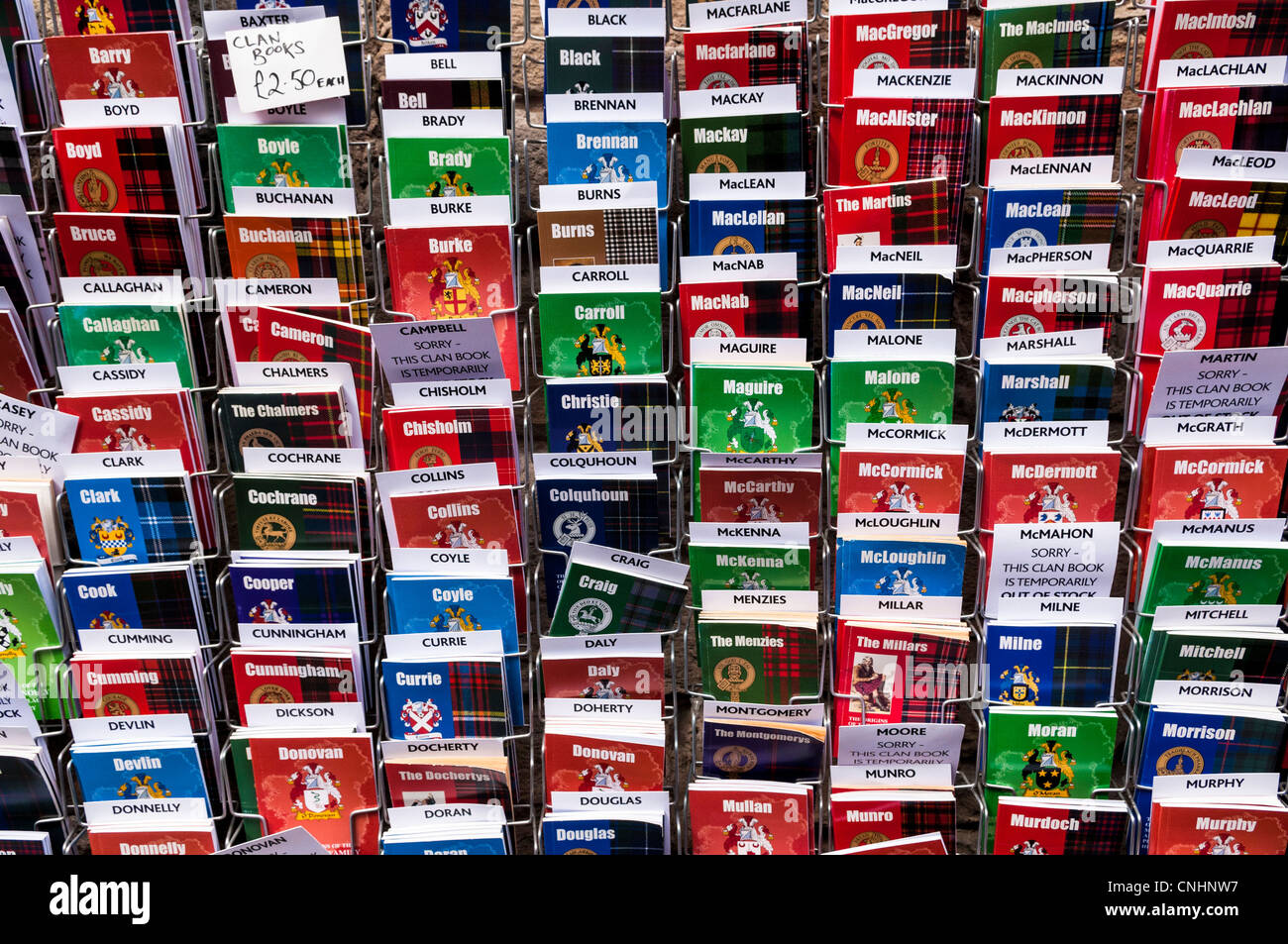A display of Scottish Clan books outside a shop in Edinburgh. Stock Photo