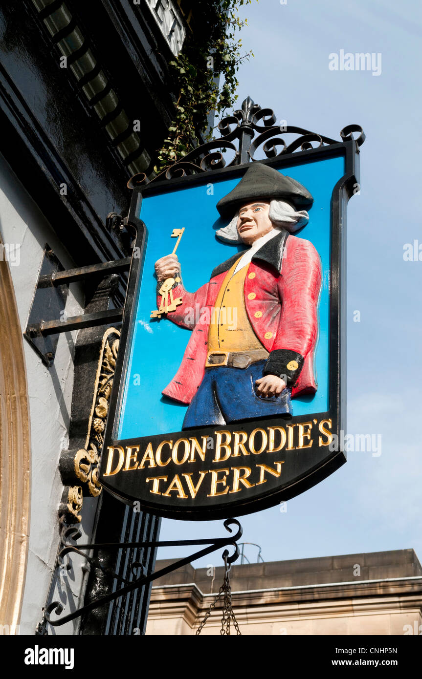 Pub sign over Deacon Brodie's Tavern, Edinburgh, Scotland. Stock Photo