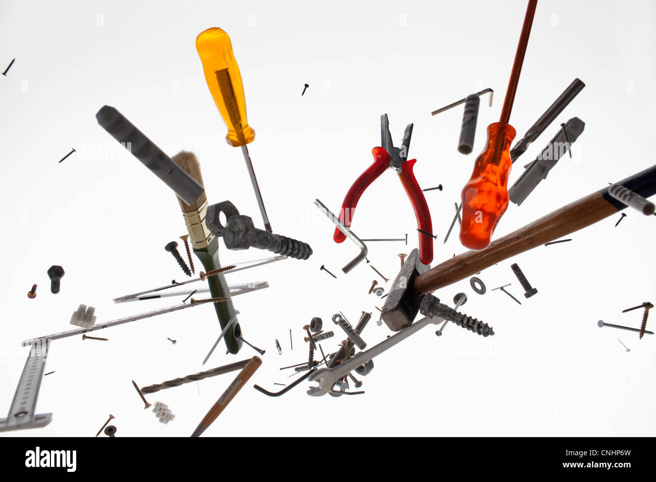 Hand tools and equipment against a white background Stock Photo