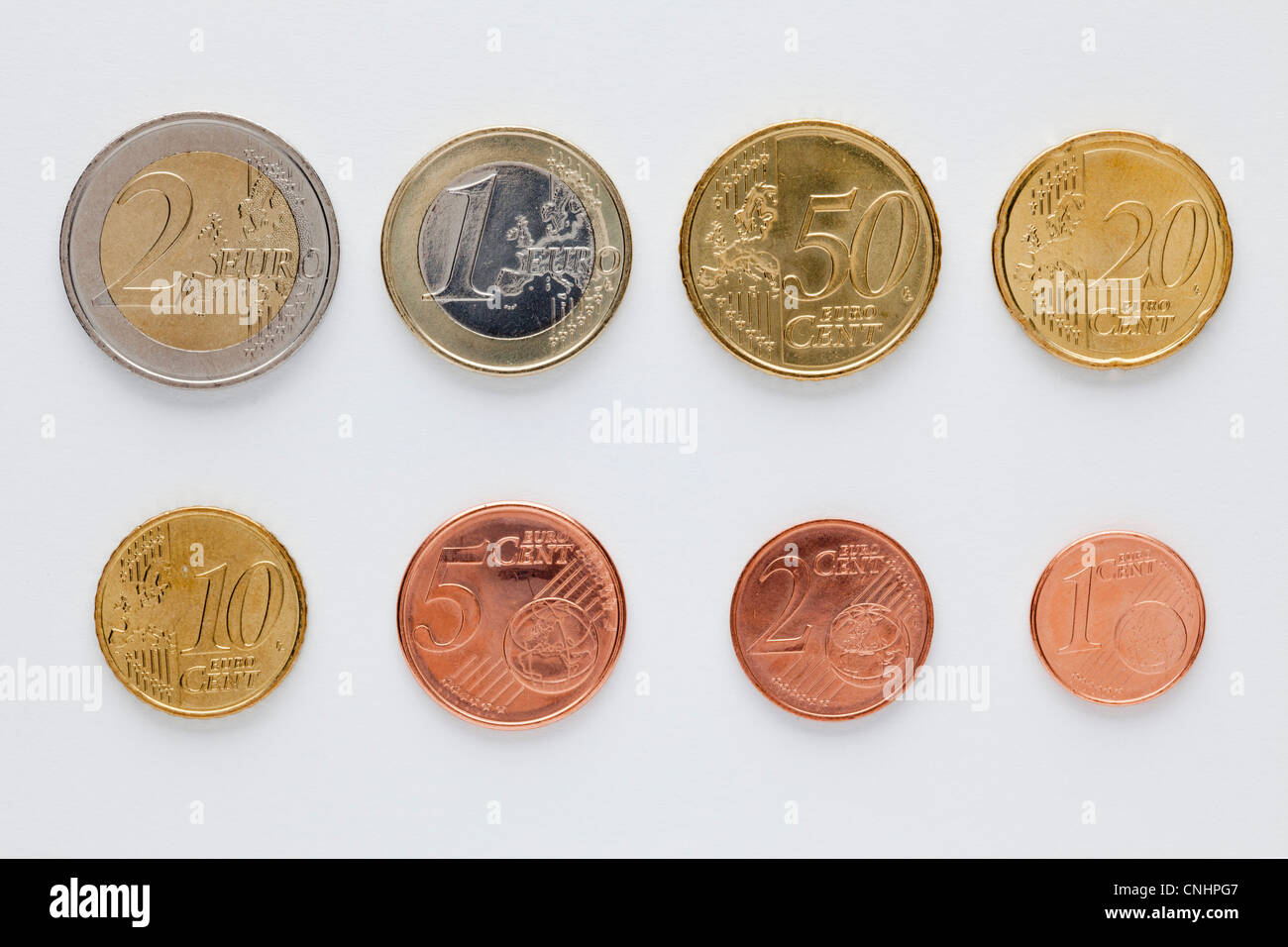 Euro coins arranged in numerical order, front view Stock Photo