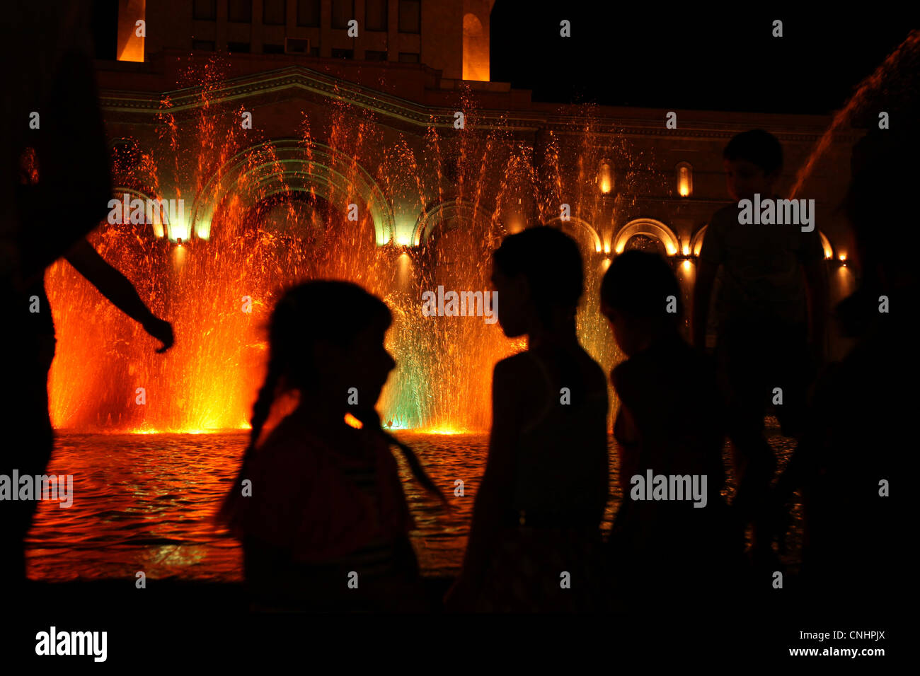 Dancing fountains in Republic Square in Yerevan, Armenia. Stock Photo