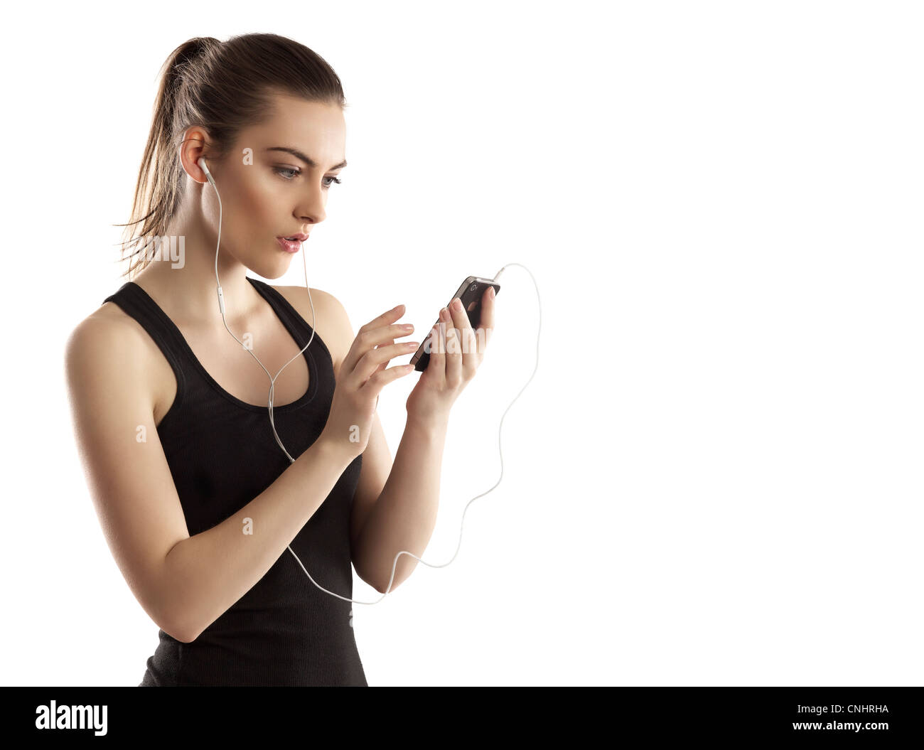 Beautiful young woman tracking her calorie after exercise with her